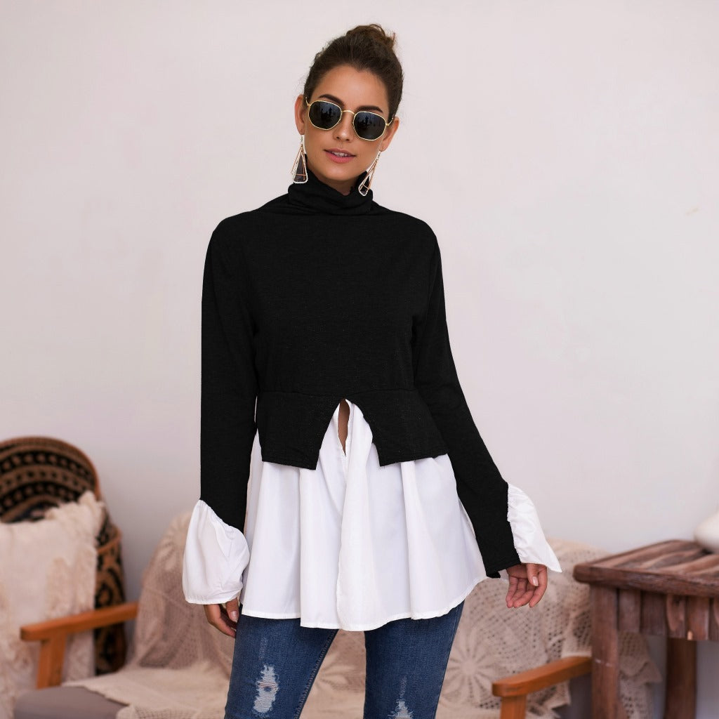 Women's High Neck Irregular Stitching Ruffle Shirt