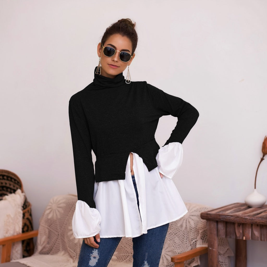 Women's High Neck Irregular Stitching Ruffle Shirt