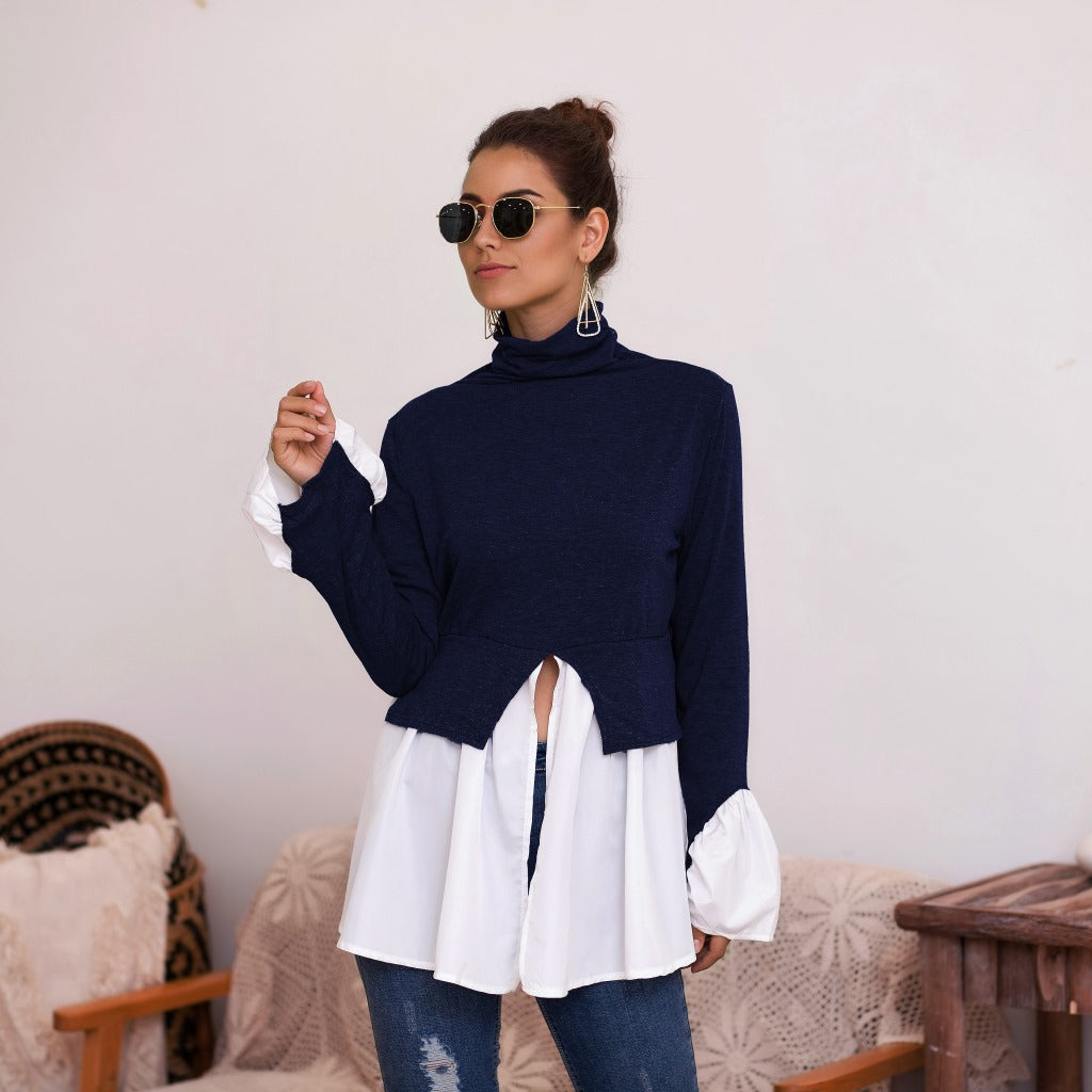 Women's High Neck Irregular Stitching Ruffle Shirt