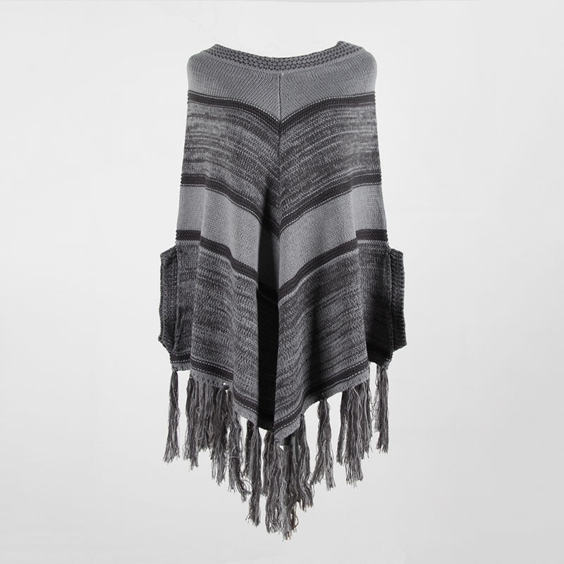 Tassel Fringed Pullover Geometric Pattern Sweater Cloak Shawl Cape