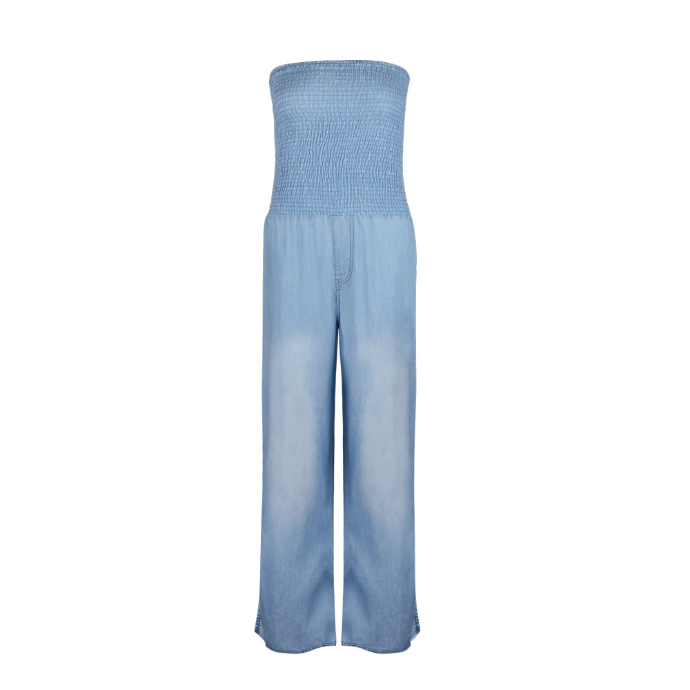 Tube Top Strapless Elastic Waist Slit Leg Denim Jumpsuit