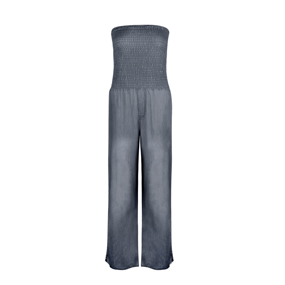 Tube Top Strapless Elastic Waist Slit Leg Denim Jumpsuit
