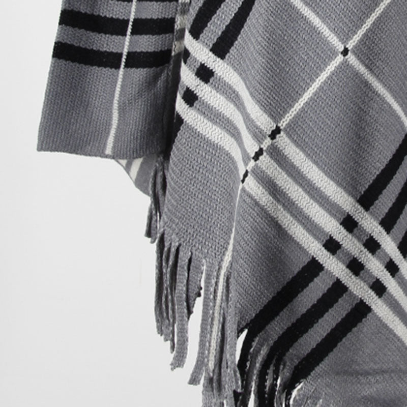 Tassel Fringed Pullover V-neck Diagonal Stripes Sweater Cloak Shawl Cape