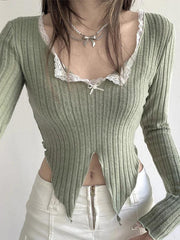 Lace Trim Notch Neck Irregular Cropped Long Sleeve Knit