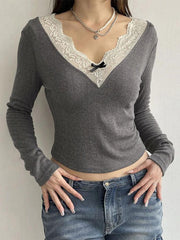 Lace Trim Splice V Neck Long Sleeve Knit