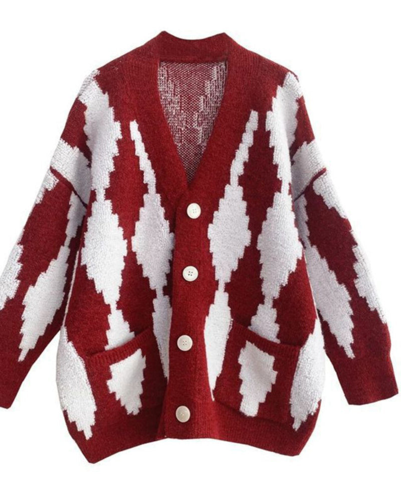 V-neck Single-breasted Contrast Color Argyle Pattern Cardigan Sweater