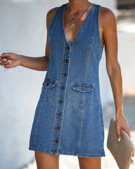 V-neck Backless Vest Single-breasted Denim Mini Dresses