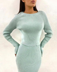 Splicing Elastic Waist Bodycon Sweater Dresses Crop Tops Skirt Two-piece