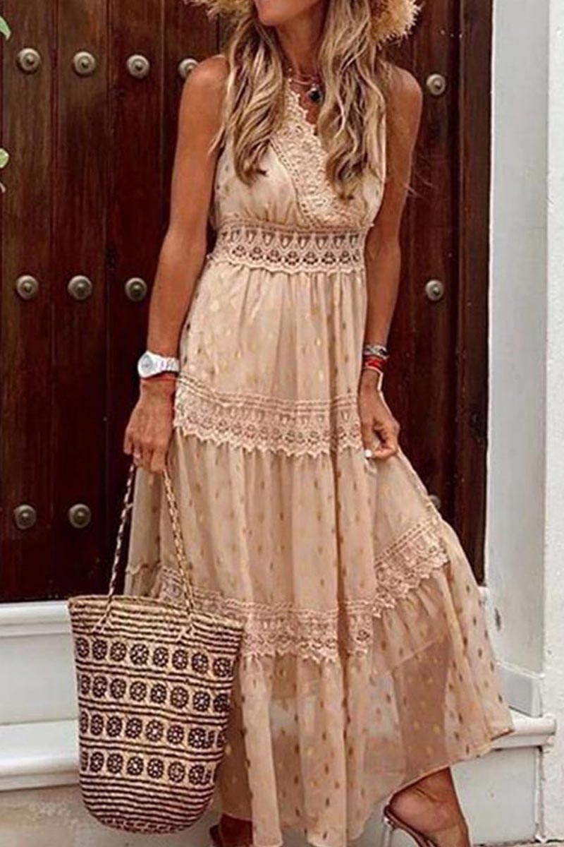 Stylish PolkaDots Print Lace V-Neck Maxi Dress