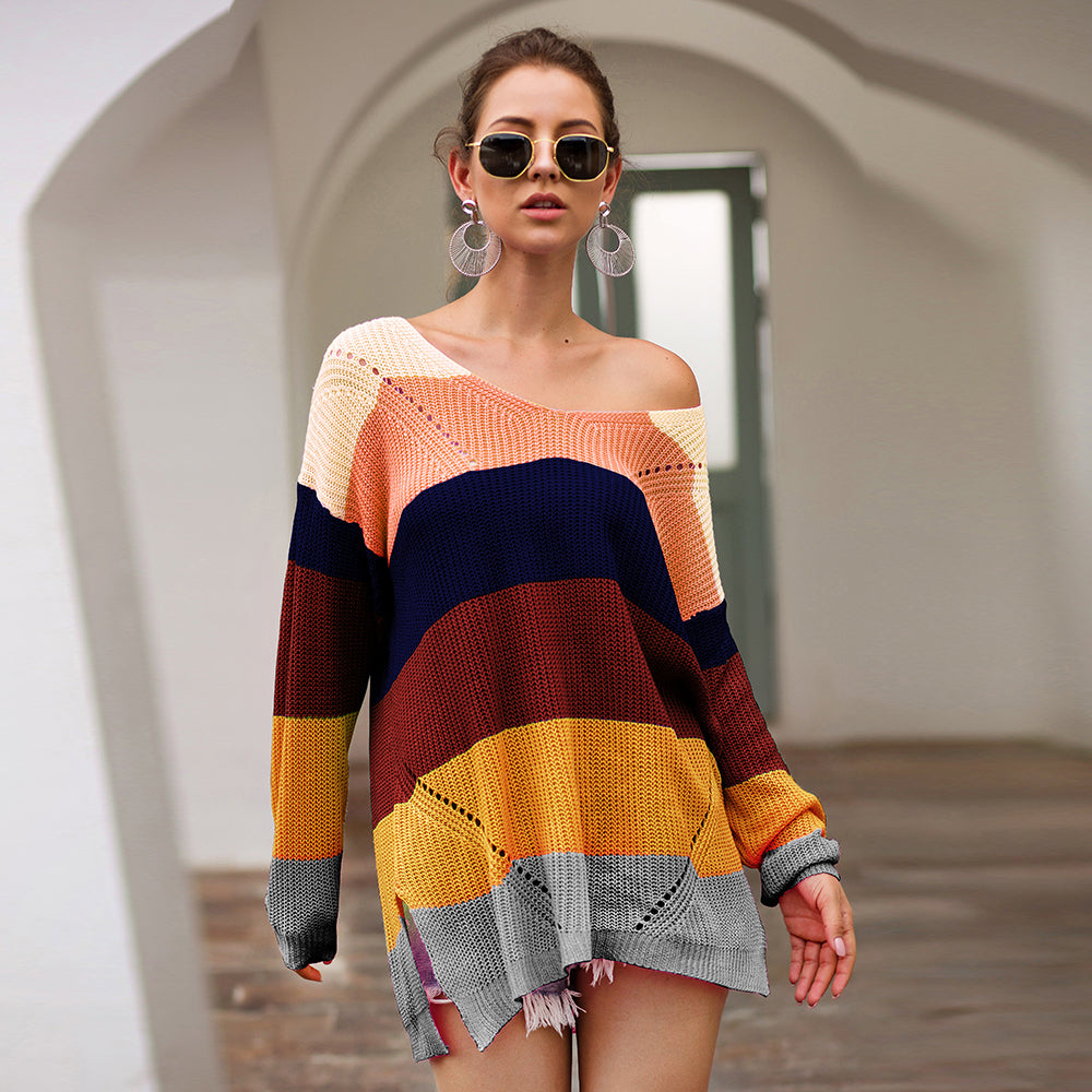 Women's Loose V-neck Rainbow Stripes Long Sweater