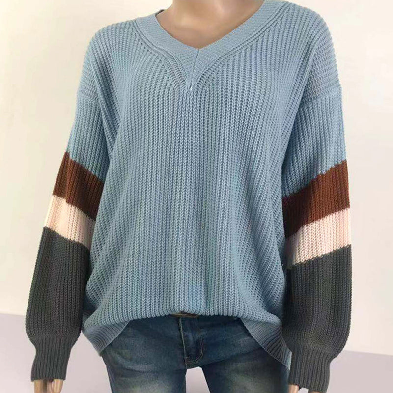 Women's V Neck Stripe Splicing Lantern Sleeve Sweater