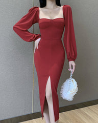 Square Collar Bubble Sleeve Slit Leg Party Bodycon Midi Dresses Black
