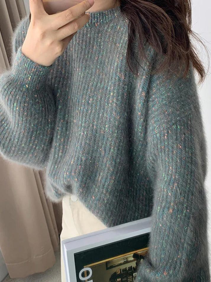 Glittering Lantern Sleeve Crew Neck Sweater