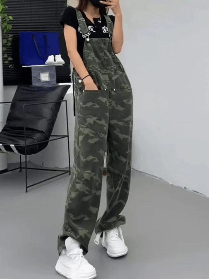 Camo Print Baggy Denim Overalls