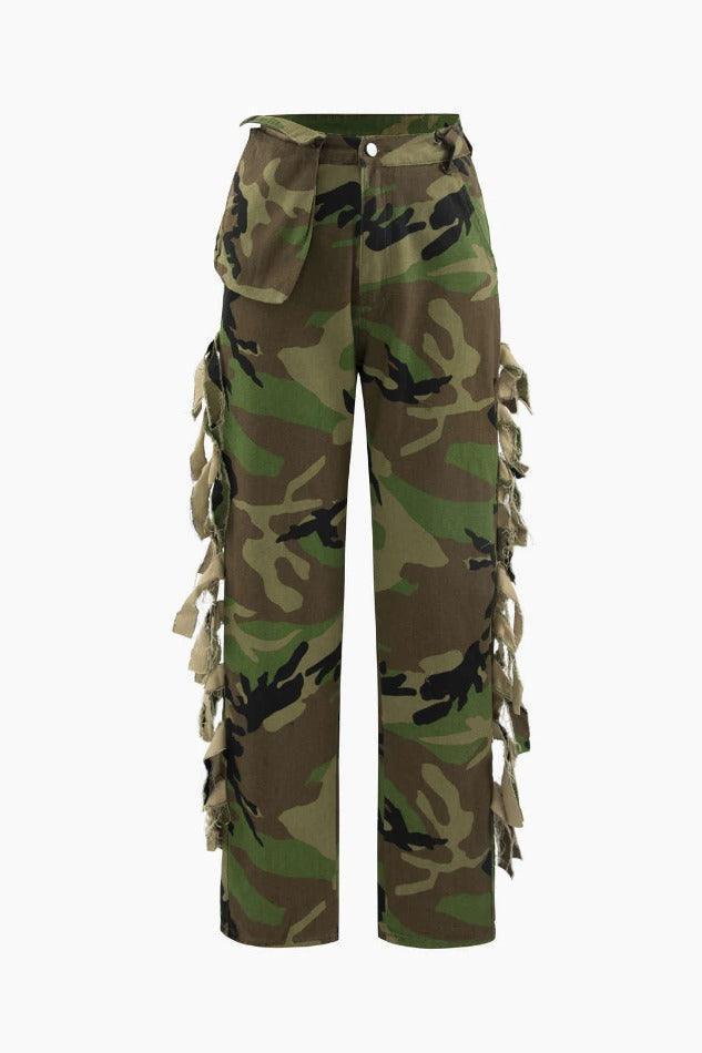 Camo Print Fringe Straight Pants