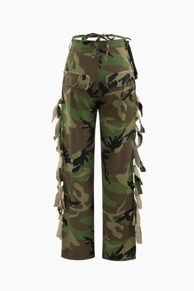 Camo Print Fringe Straight Pants