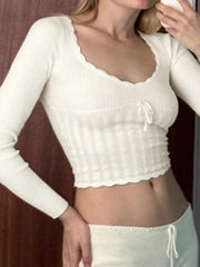 French Solid Pointelle Wavy Trim Lacing Sweater