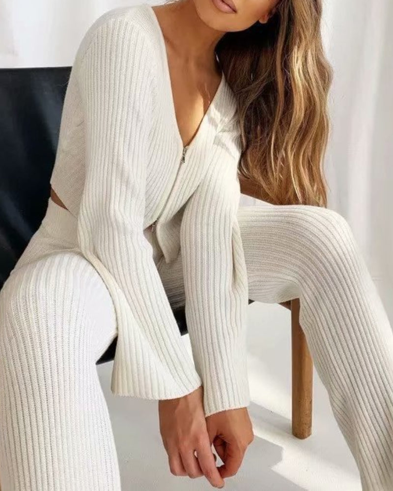 V-neck Knit Loungewear Cardigans Pants Two-piece Set