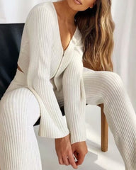 V-neck Knit Loungewear Cardigans Pants Two-piece Set