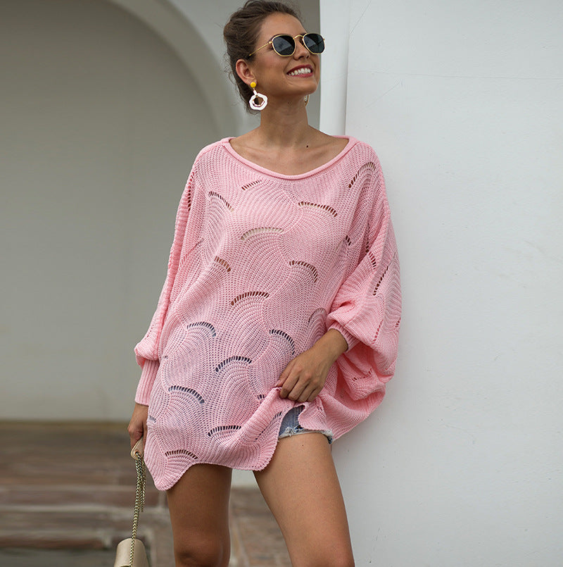 Women's Long Sleeves Hollow Loose Bat Sweater