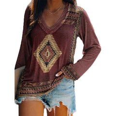 Charlotte Ethnic Print Long Sleeve V Neck Top