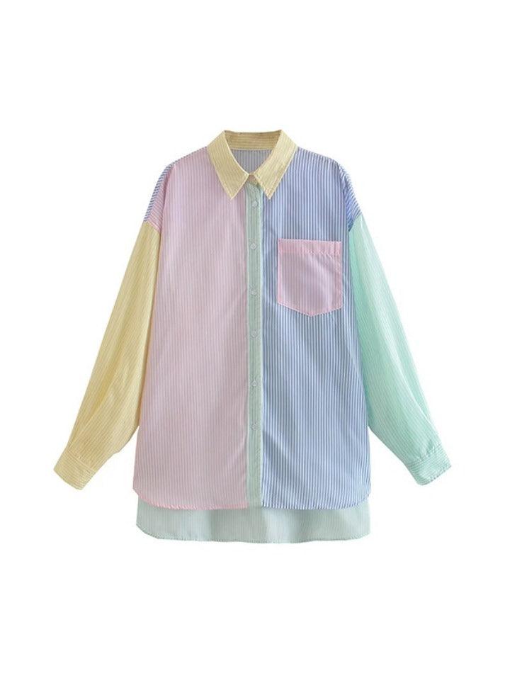 Colorful Pinstripe Splice Baggy Long Sleeve Blouse