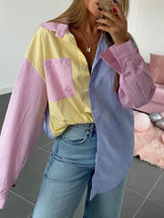 Colorful Pinstripe Splice Baggy Long Sleeve Blouse