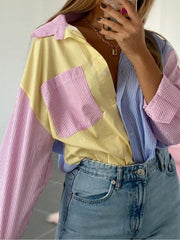 Colorful Pinstripe Splice Baggy Long Sleeve Blouse