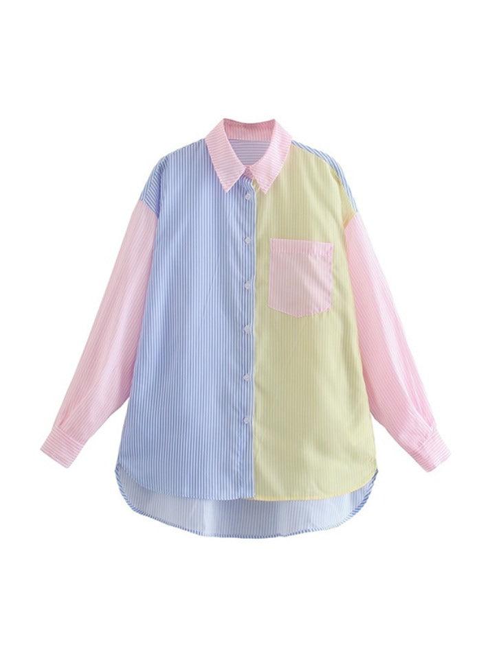 Colorful Pinstripe Splice Baggy Long Sleeve Blouse