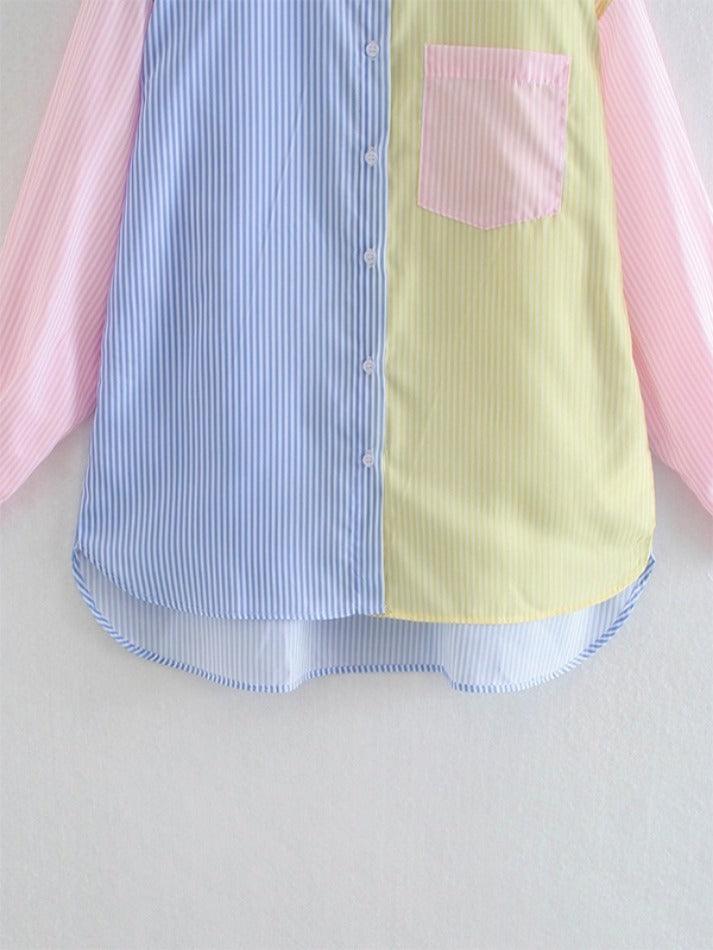 Colorful Pinstripe Splice Baggy Long Sleeve Blouse