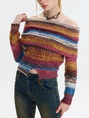 Colorful Stripe Off Shoulder Slit Slim Sweater