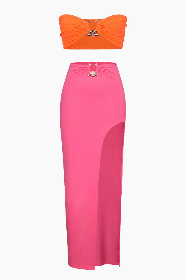 Contrast Tube Top And Slit Skirt Set