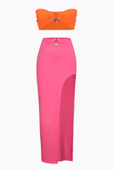 Contrast Tube Top And Slit Skirt Set