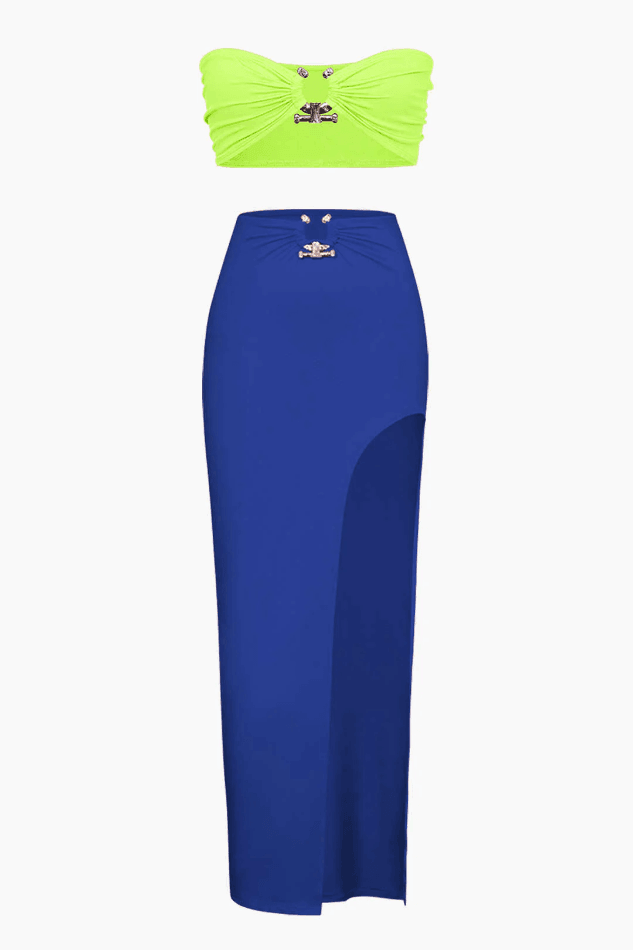 Contrast Tube Top And Slit Skirt Set