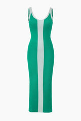 Contrast V-neck Slit Knit Midi Dress