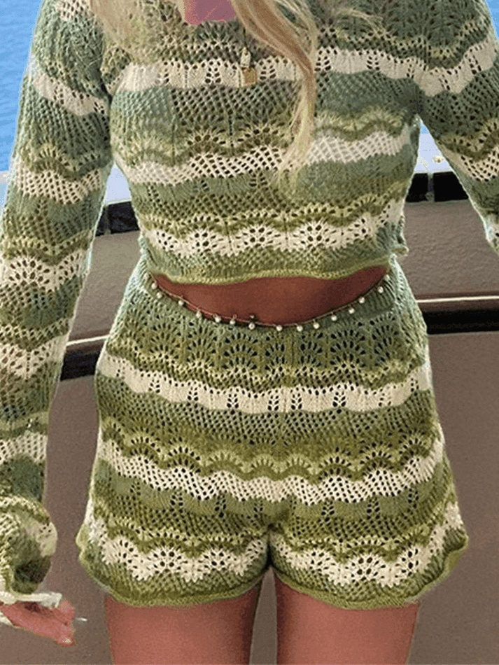 Crochet Knit Long Sleeve Two Piece Set