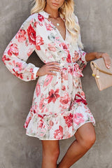 O  Neck Floral  Printed  Long-sleeved  Mini  Dress