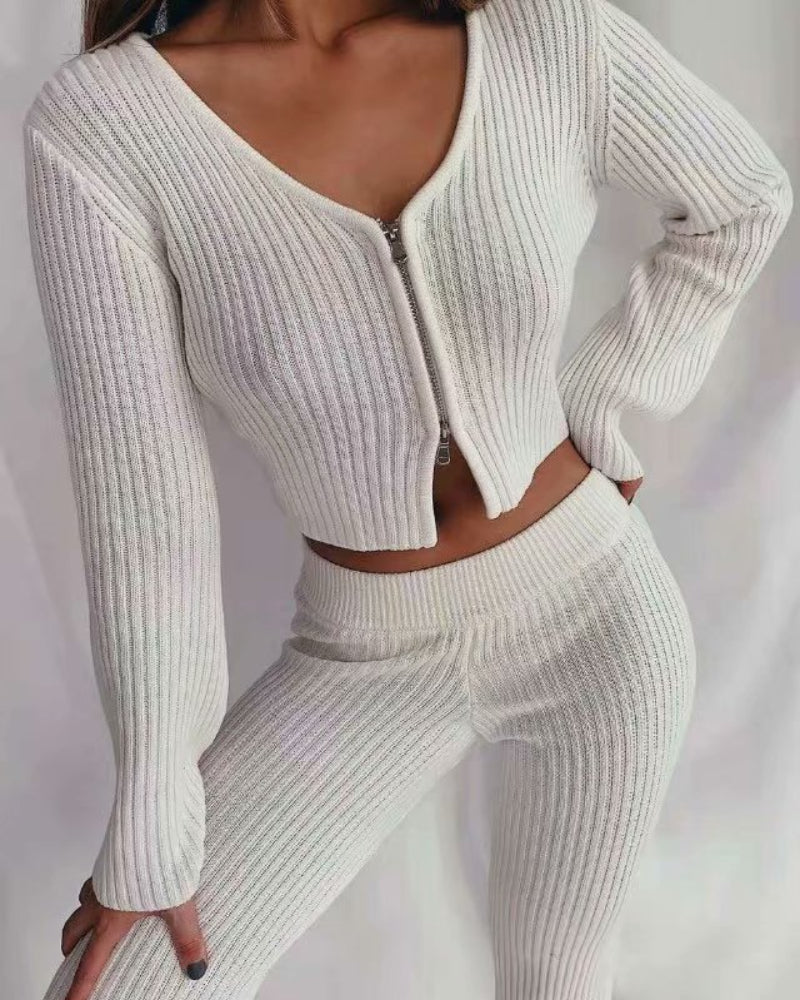 V-neck Knit Loungewear Cardigans Pants Two-piece Set