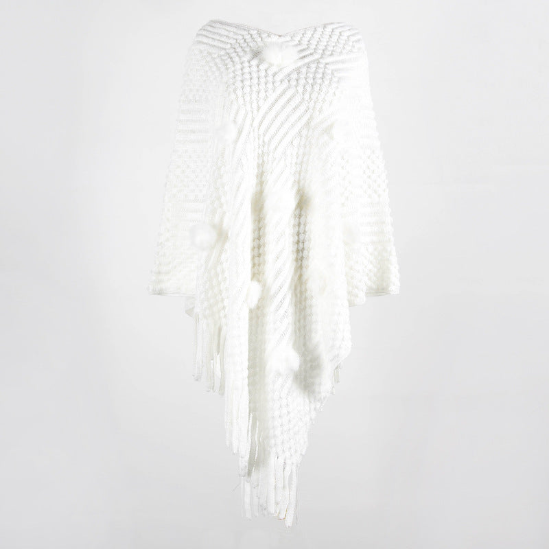 Tassel Fringed Pullover V-neck Collar Pompom Sweater Cloak Shawl Cape