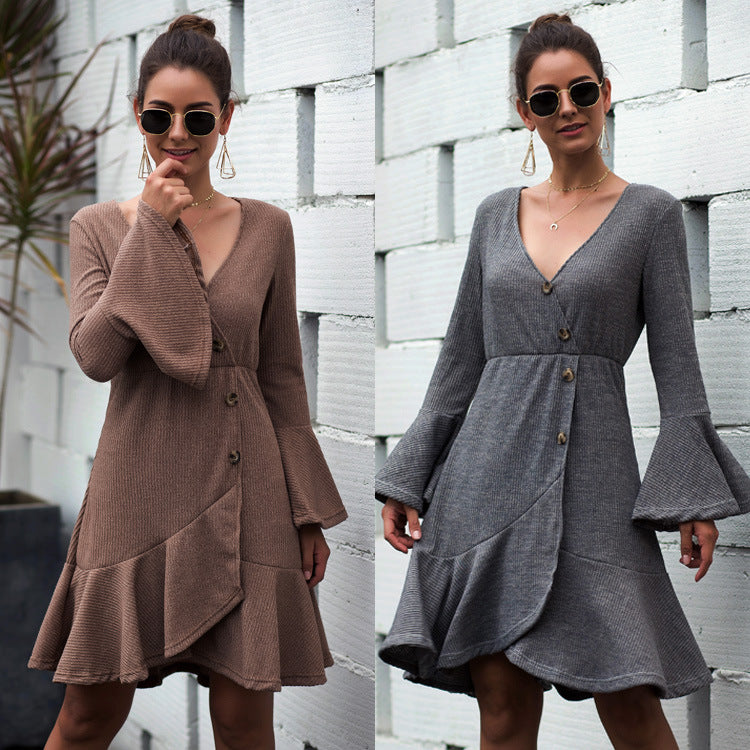 V-neck Ruffled Horn Sleeve Buttoned Knit Mini Dresses