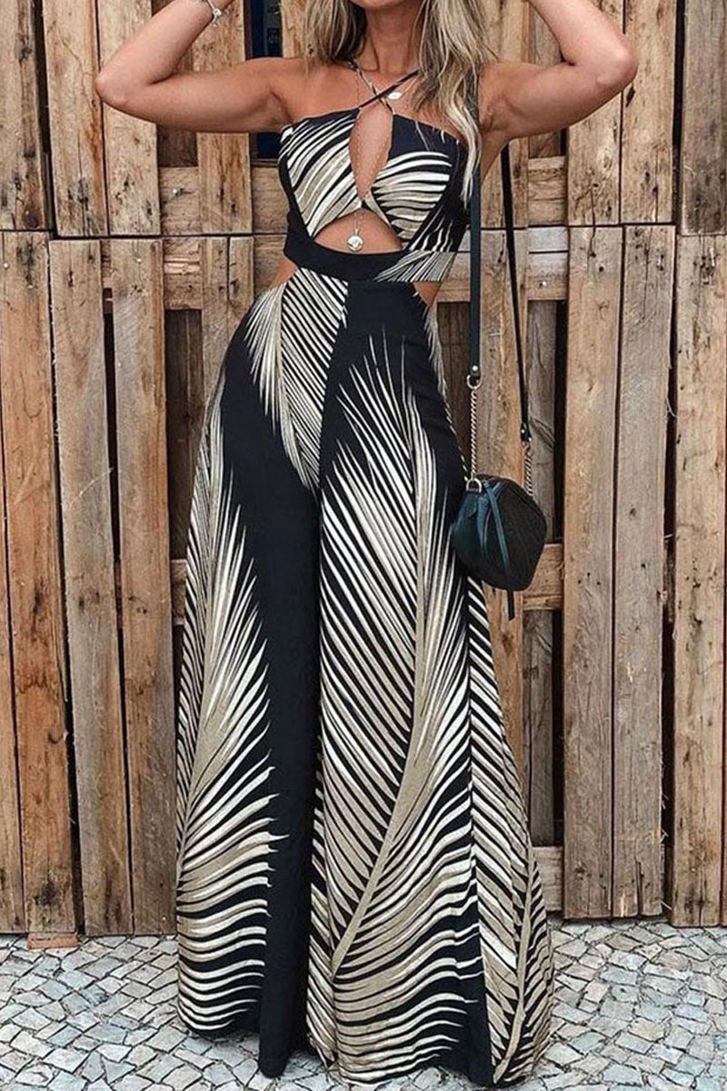 Tropical Palm Leaf Print Cutout Wide Leg Jumpsuit