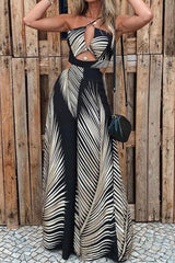 Tropical Palm Leaf Print Cutout Wide Leg Jumpsuit
