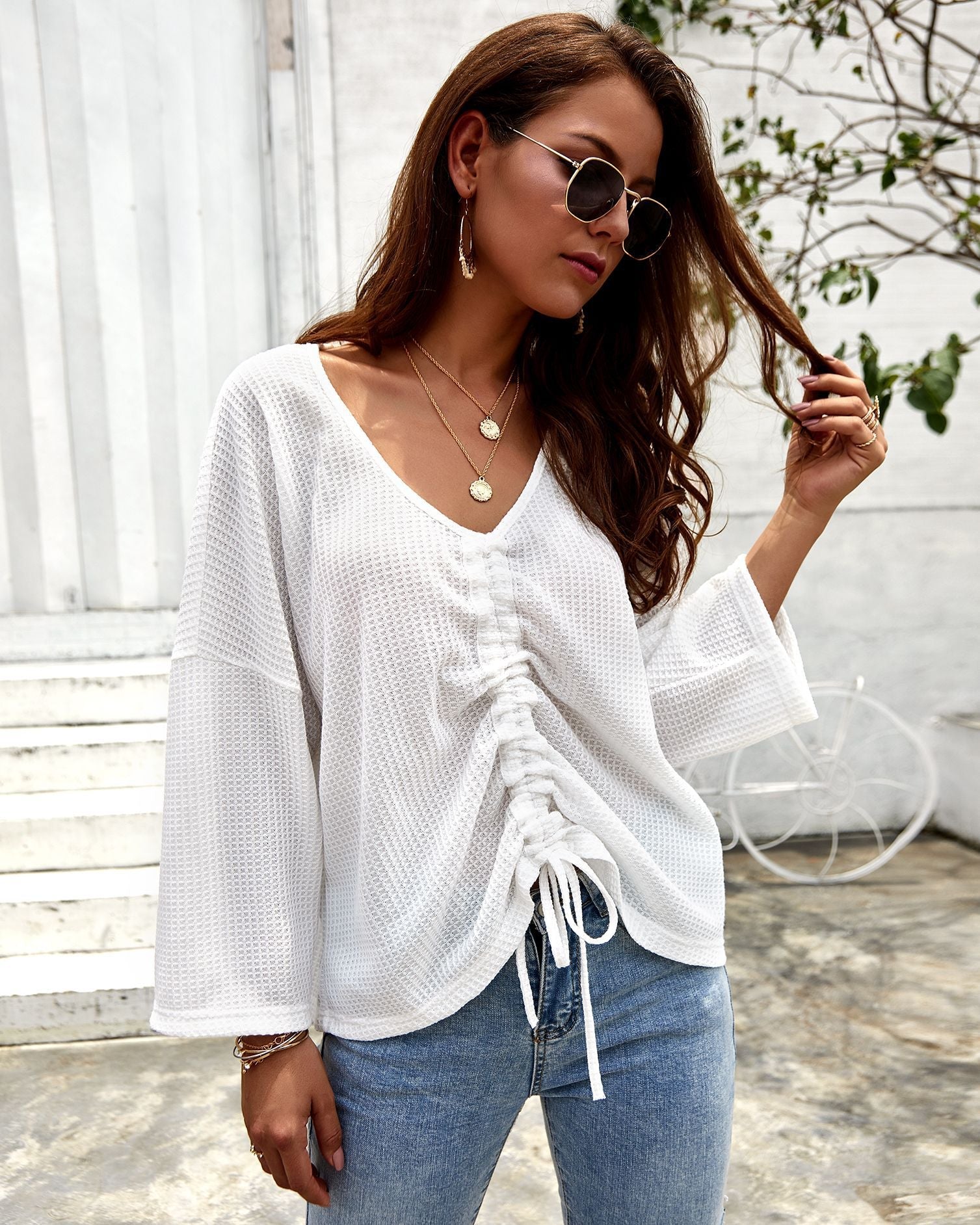 Women's Deep V Neck Loose Pleated Long Sleeve Sweater