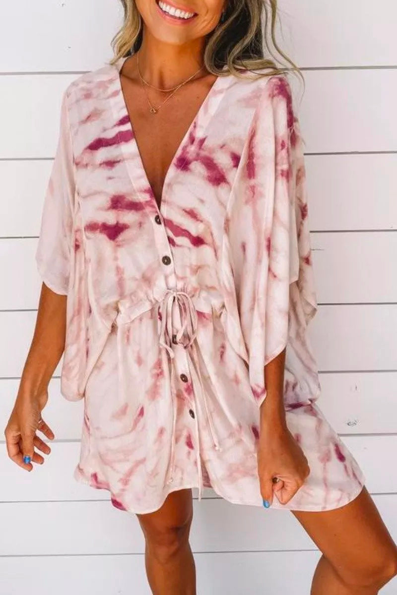 V Neck Tie-dye Purple Mini Dress