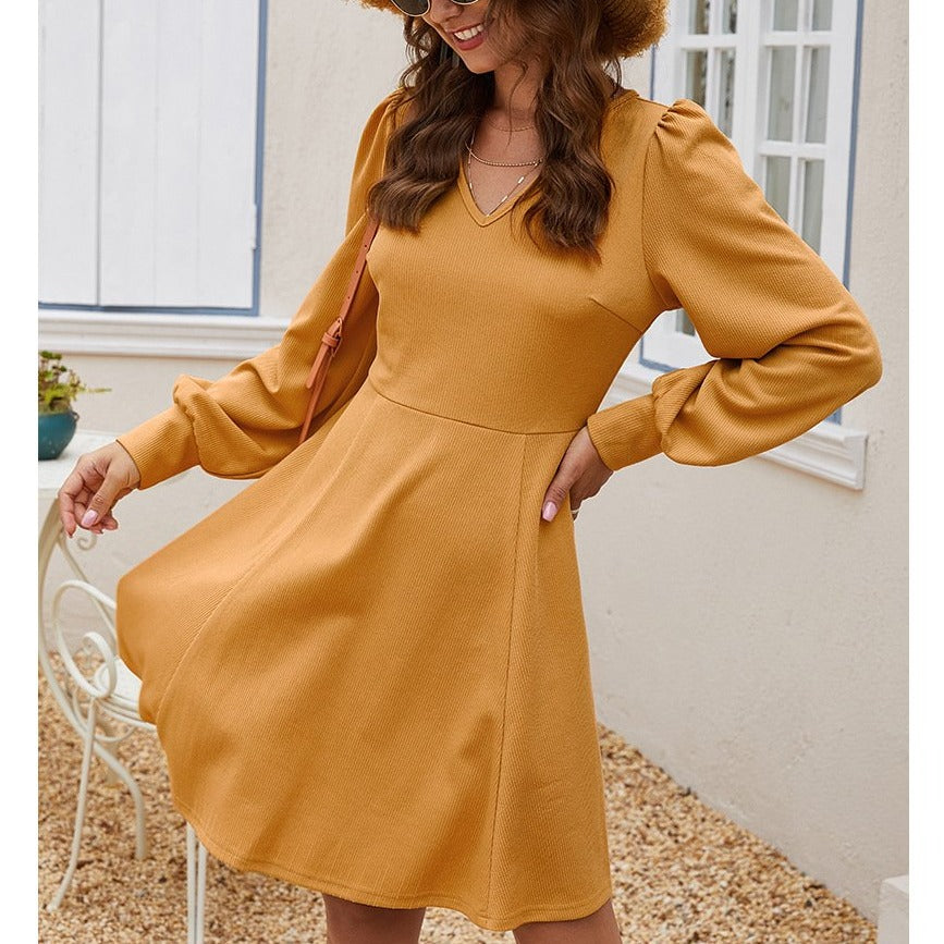 V-neck Long Sleeve Waistband Mini Dress