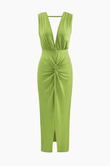 Deep V-neck Backless Slit Midi Dress