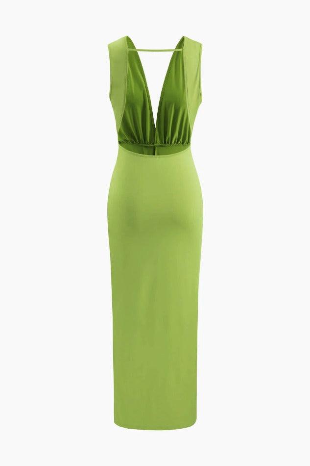 Deep V-neck Backless Slit Midi Dress