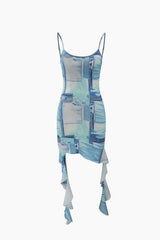 Denim Print Ruffle Mini Dress