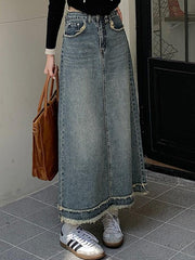 Denim Raw Edge Hem Midi Skirt
