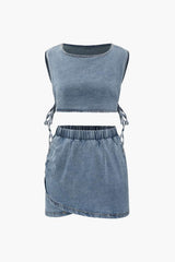 Denim Side Tie Tank Top And Wrap Mini Skirt Set